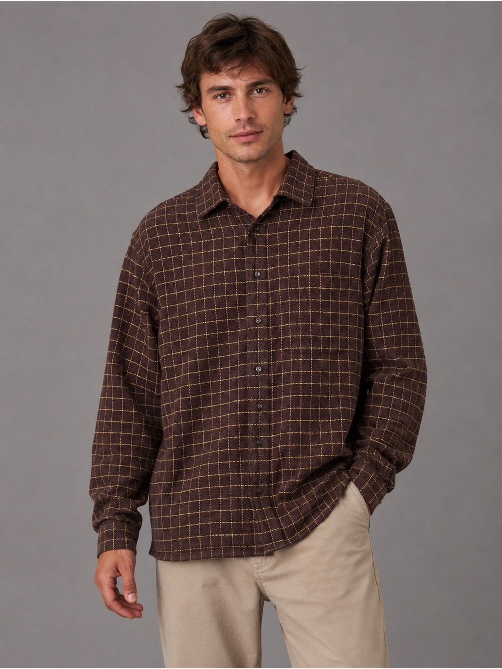 Scott Barber Men’s Large 100% Cotton Brown Windowpane Plaid Button Down Shirt